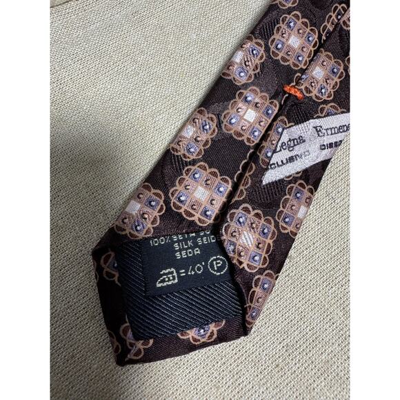 ZEGNA Men Ermenegildo Zegna Tie Mens One Size Brown Silk Geometric Medallion Pattern Grid